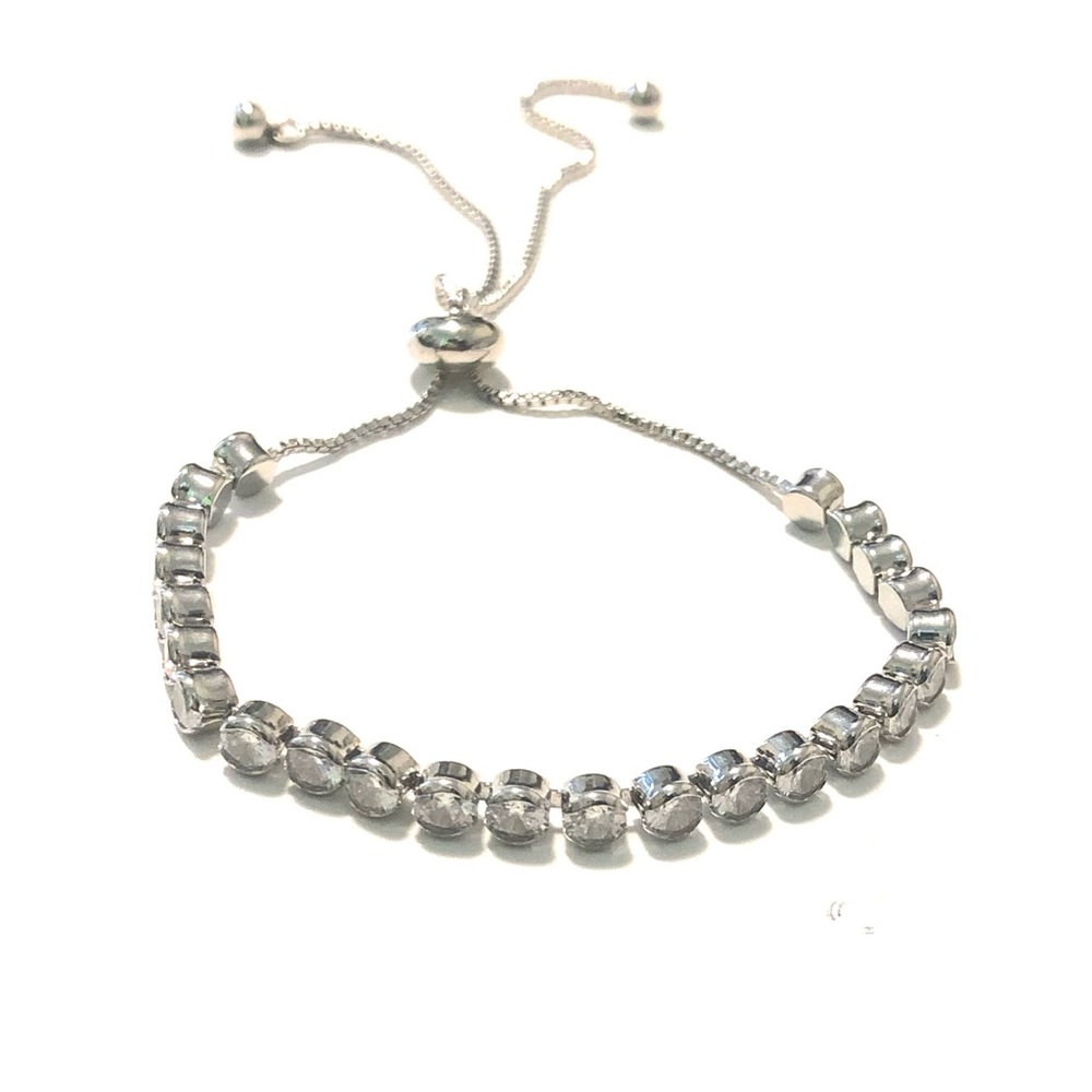 Silver Plated Bezel Round Cubic Zirconia Adjustable Tennis Bracelet